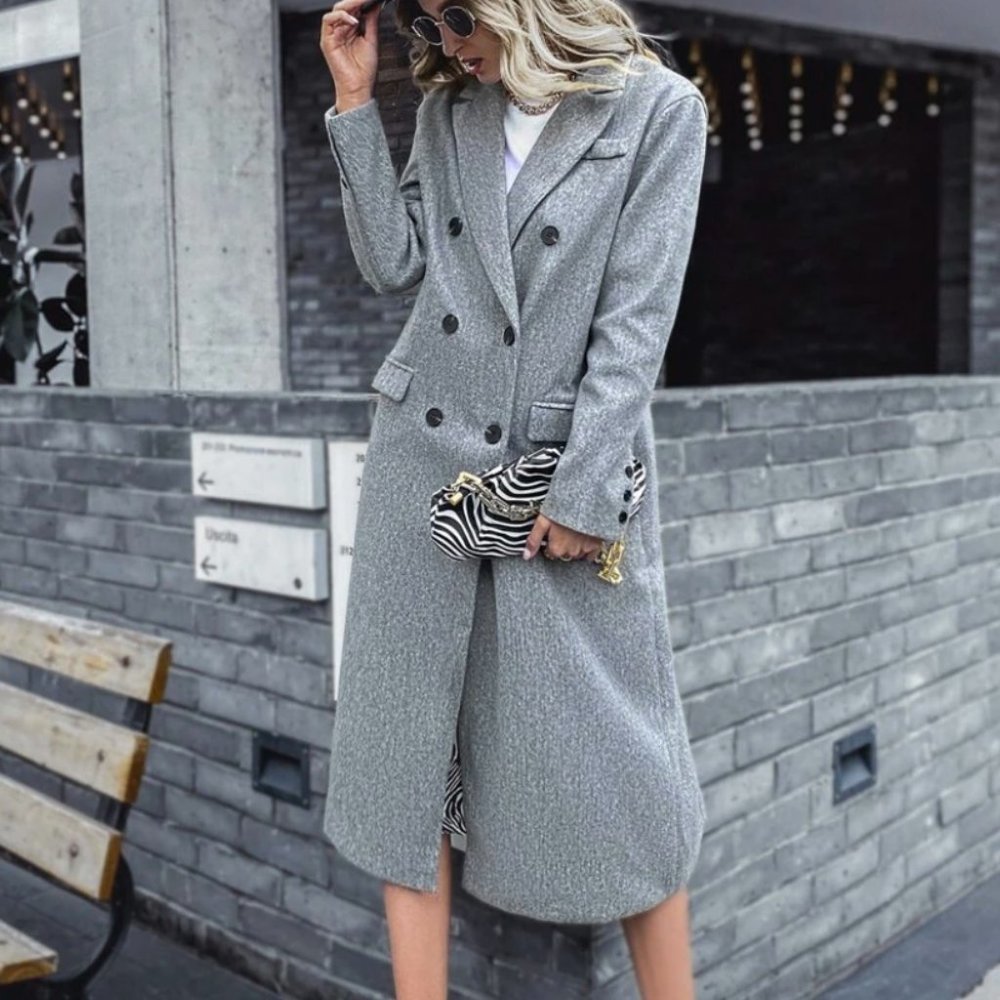 Gray double breasted long pea coat winter jacket - Picture 2 of 5